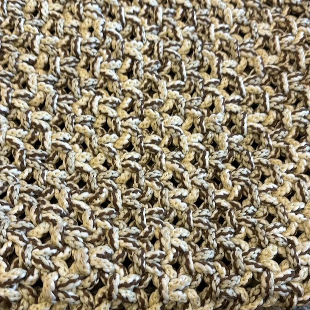Vintage Boho Crocheted‎ Weaved Wooden Handle Bag Purse Tote Cream Brown